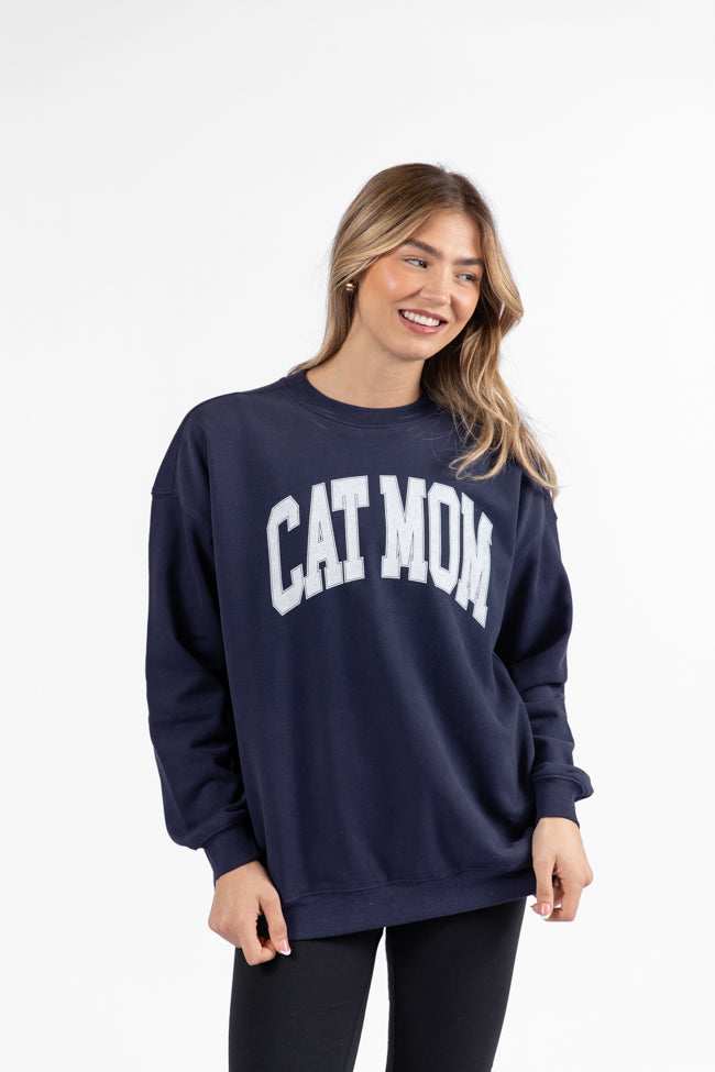 Cat Mom Navy Oversized Graphic Sweatshirt DOORBUSTER