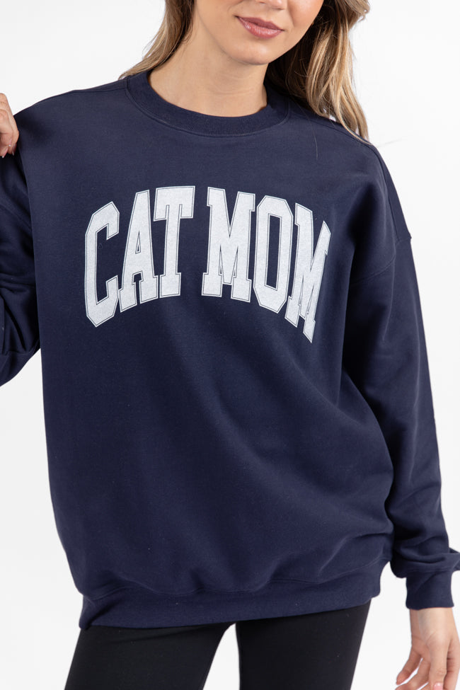 Cat Mom Navy Oversized Graphic Sweatshirt DOORBUSTER