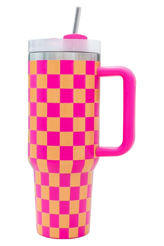 Sippin' Pretty Pink and Orange Checkered 40 oz Drink Tumbler With Lid And Straw FINAL SALE