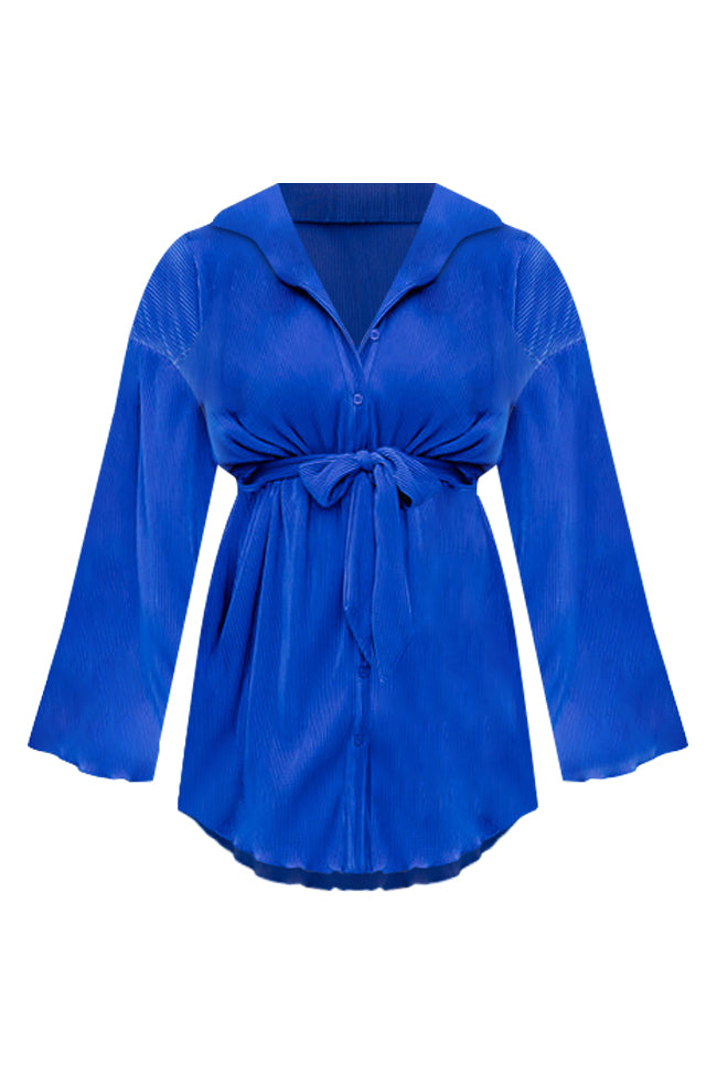 Something To Say Cobalt Blue Plisse Mini Button Up Dress FINAL SALE