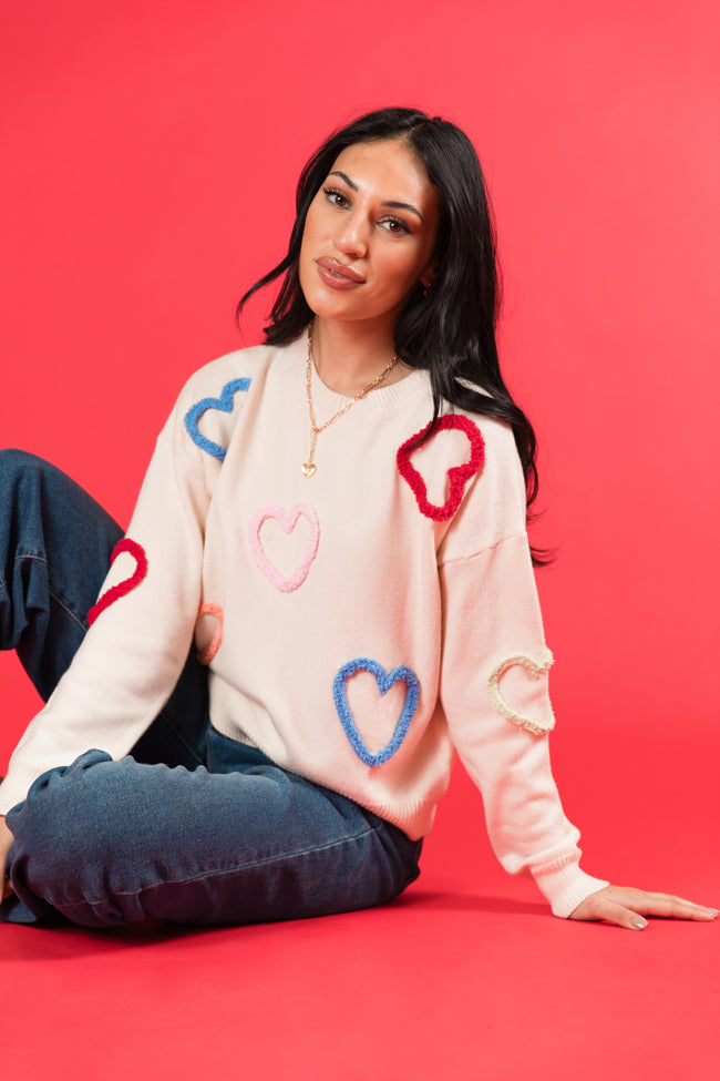 Heart On My Sleeve Cream Multicolor Sweater