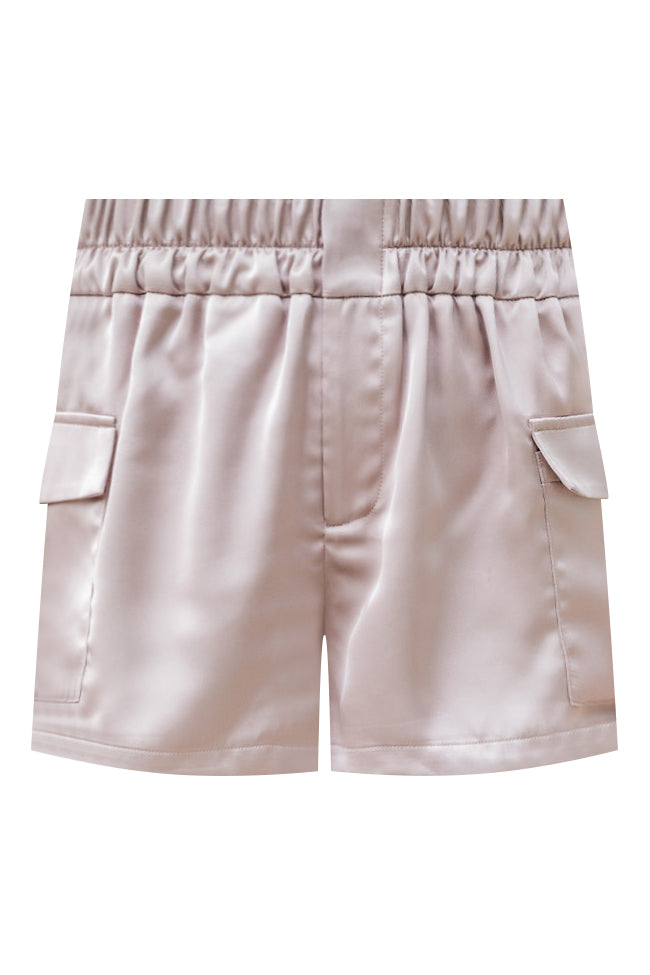 The Right Move Taupe Satin Cargo Shorts