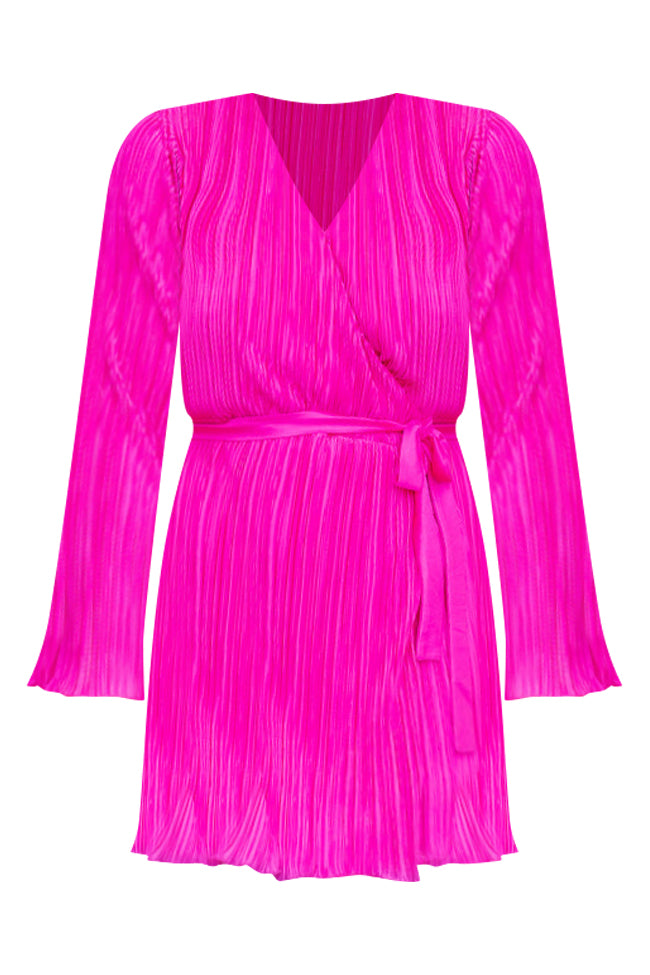 Through The Night Hot Pink Plisse Mini Wrap Belted Dress FINAL SALE