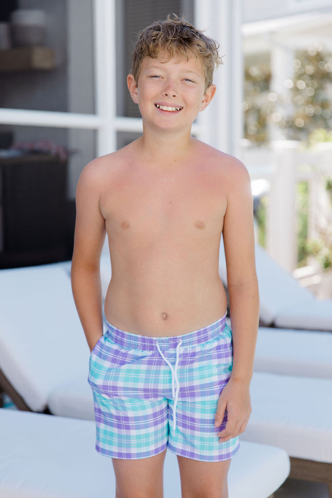 Boy's Seaside Swim Trunks In Tori Plaid Tori X Pink Lily