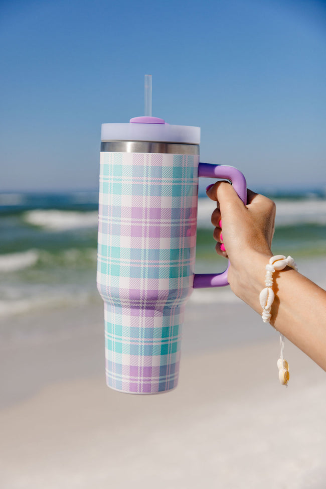 Sippin' Pretty In Tori Plaid 40 oz Drink Tumbler With Lid And Straw Tori X Pink Lily SALE