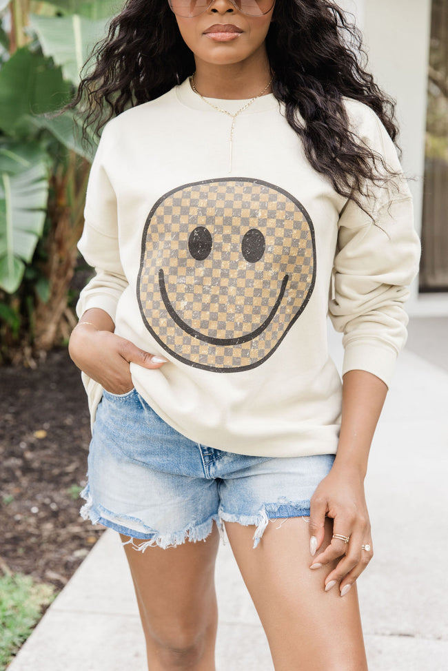 Neutral Checkered Smiley Light Tan Oversized Graphic Sweatshirt