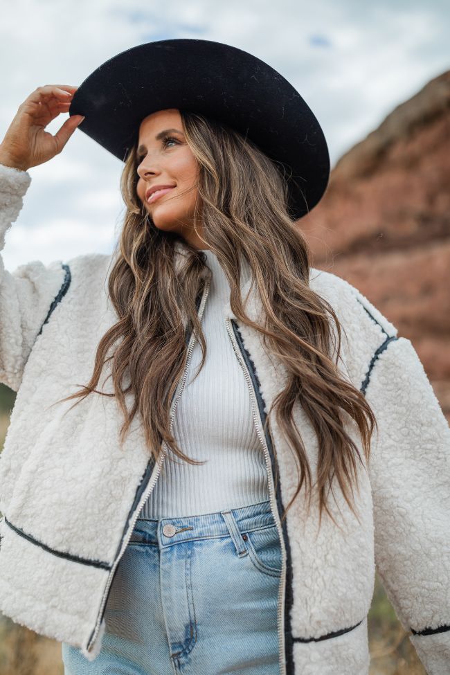 Dylan Cream and Black Sherpa Contrast Trim Jacket Emily Fauver X Pink Lily