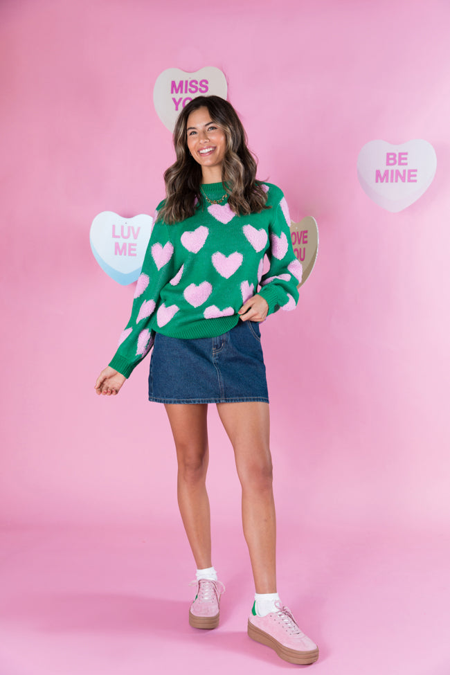 I'll Be There Green Fuzzy Heart Sweater