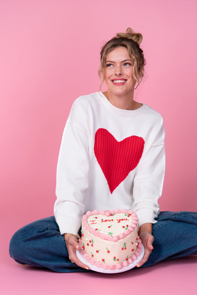 In My Heart Ivory and Red Cable Knit Heart Sweater FINAL SALE