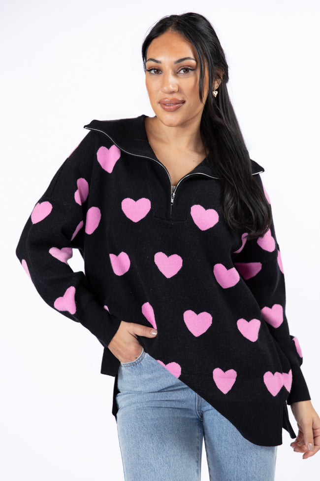 Pulling Heartstrings Black and Pink Heart Print Quarter Zip Pullover FINAL SALE