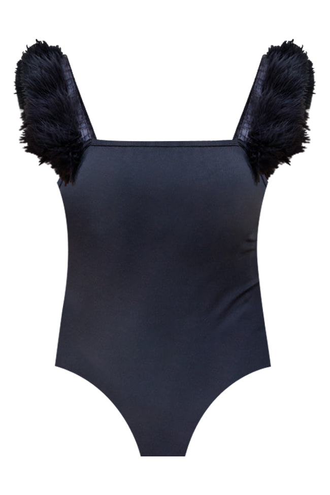 Waiting On You Black Feather Strap Tank Bodysuit FINAL SALE