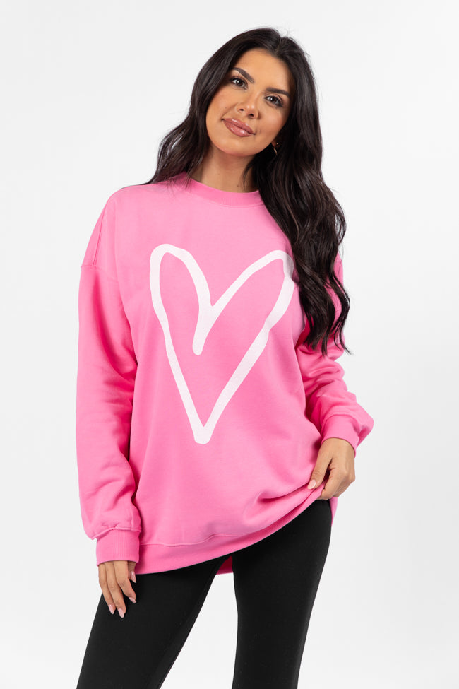 Heart Sketch Pink Oversized Graphic Sweatshirt