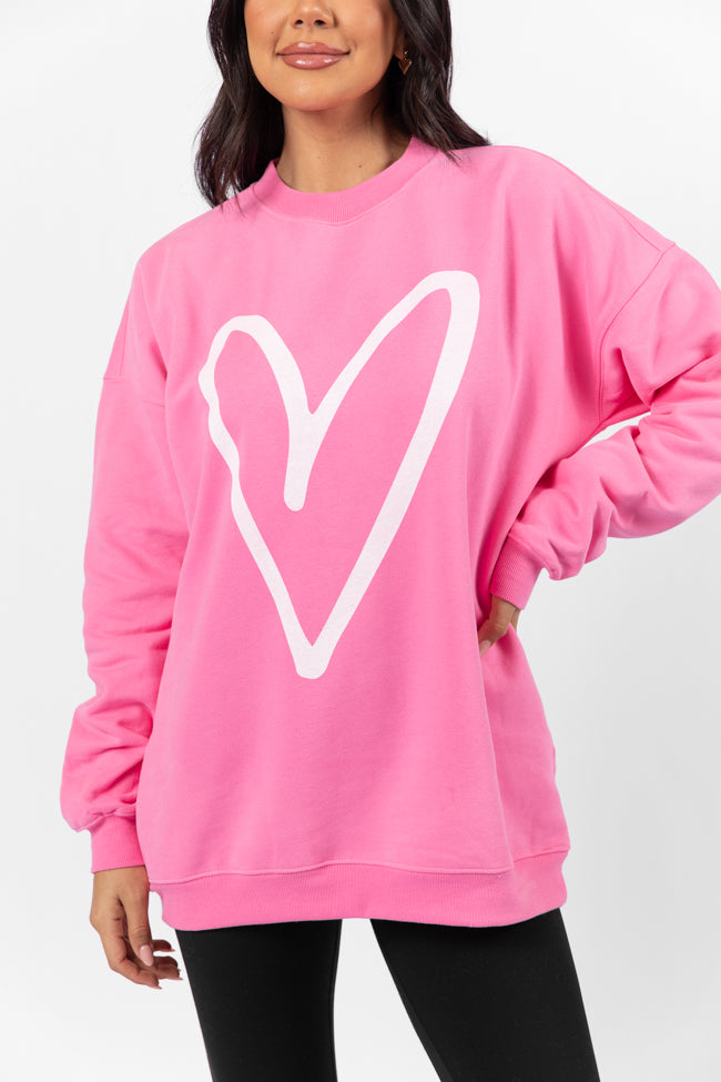 Heart Sketch Pink Oversized Graphic Sweatshirt