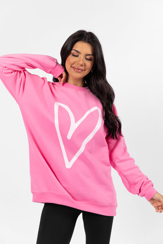 Heart Sketch Pink Oversized Graphic Sweatshirt SALE