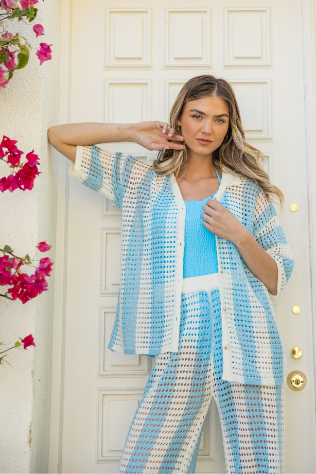 Along The Beach Blue Button Up Crochet Striped Top