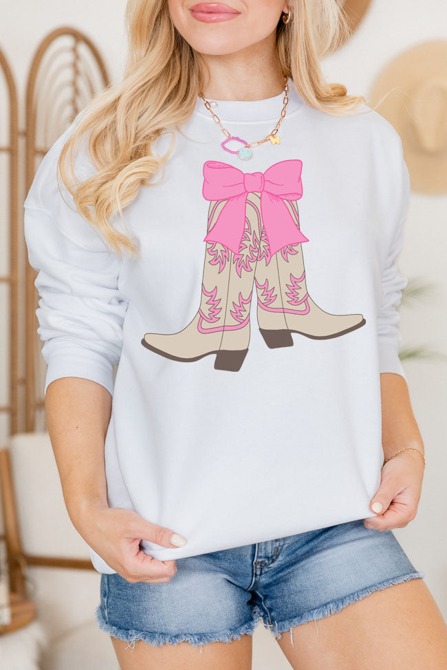 Boots and Bow White Oversized Graphic Sweatshirt
