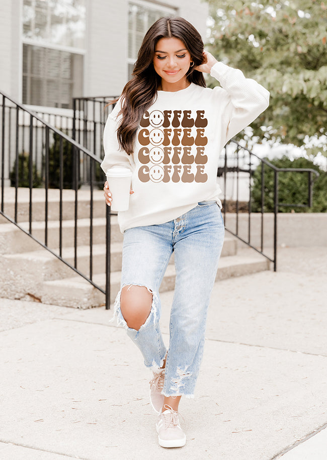 Coffee Smiley Repeat Ivory Corded Graphic Sweatshirt