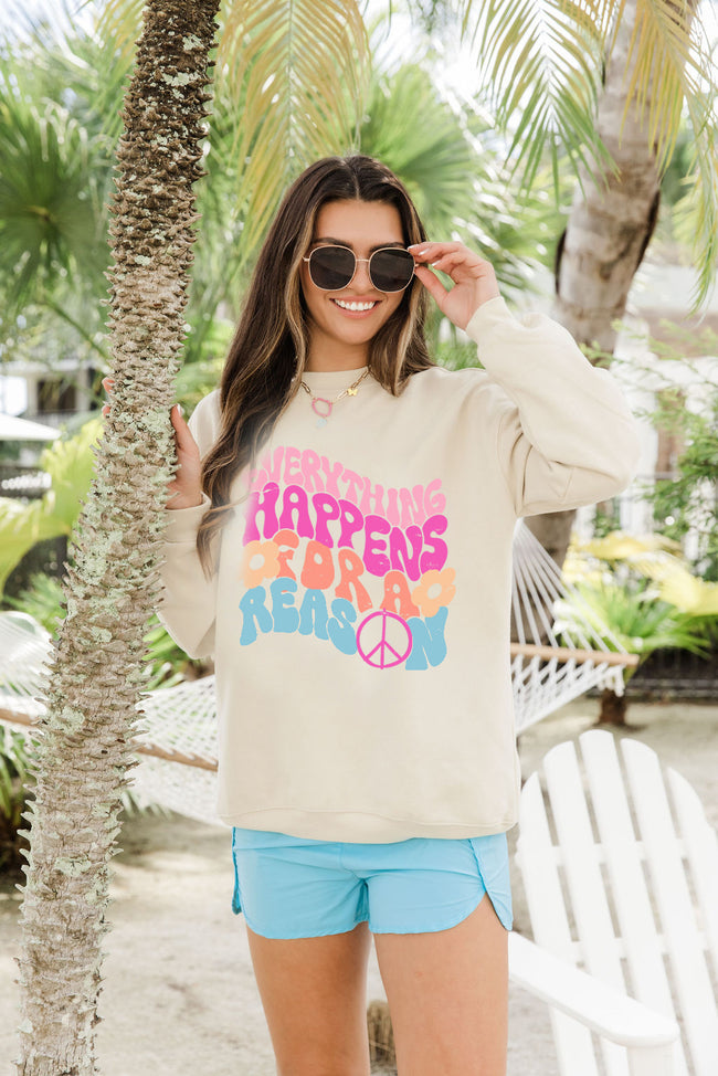 Everything Happens For A Reason Light Tan Oversized Graphic Sweatshirt