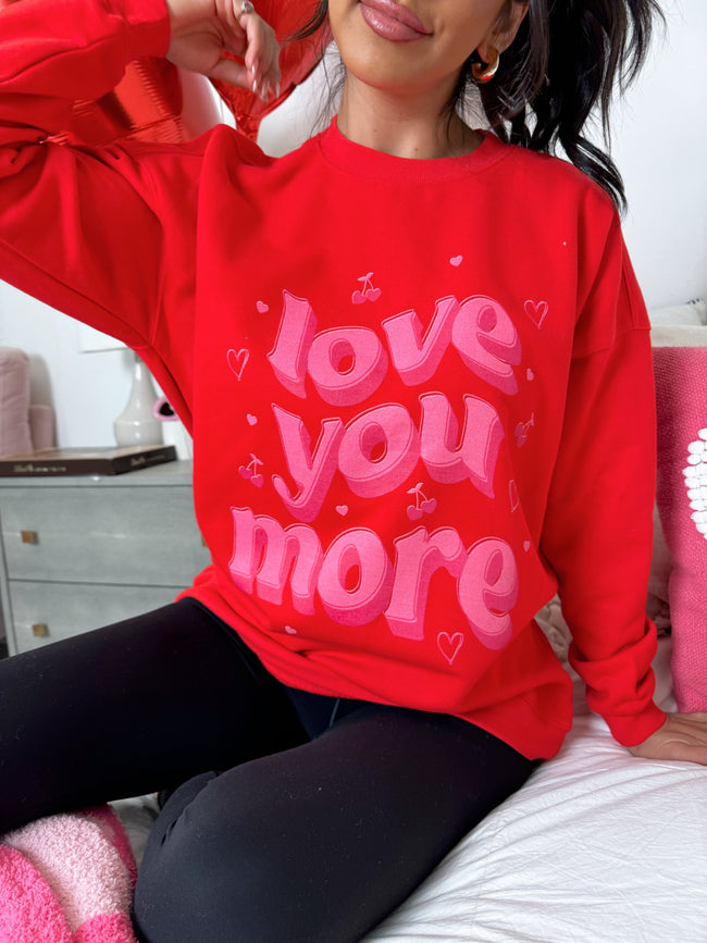 Love You More Red Oversized Graphic Sweatshirt