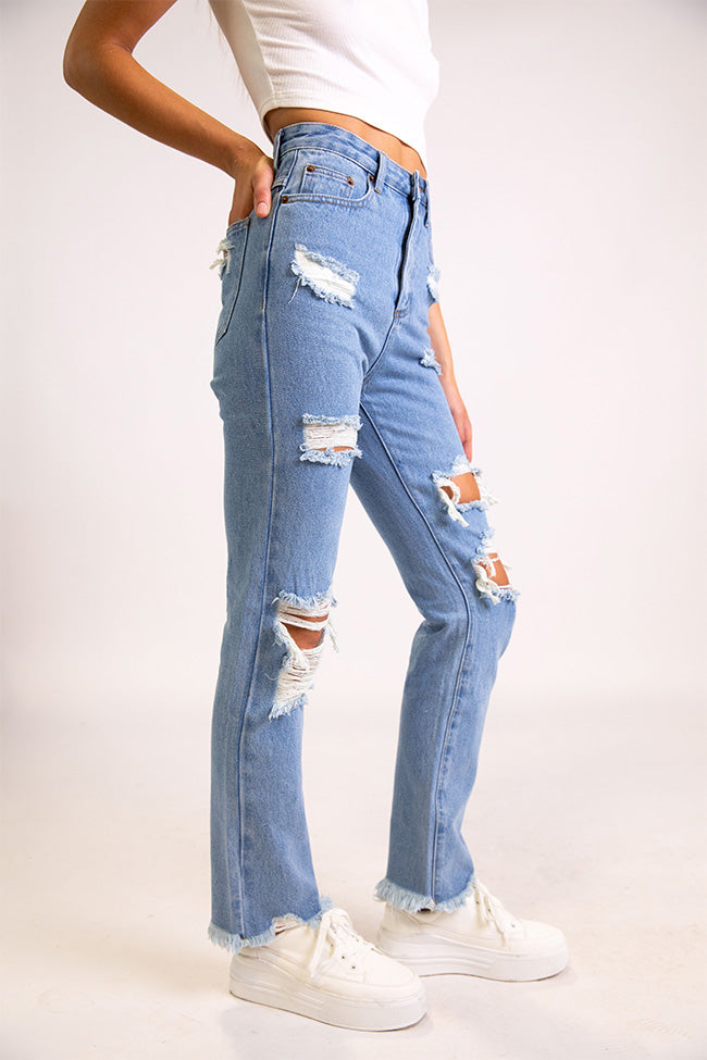 Megan Light Wash Distressed Straight Leg Mom Jeans