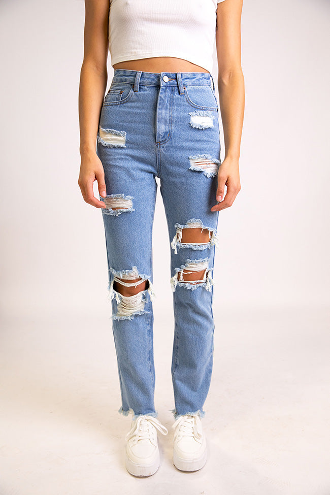 Megan Light Wash Distressed Straight Leg Mom Jeans