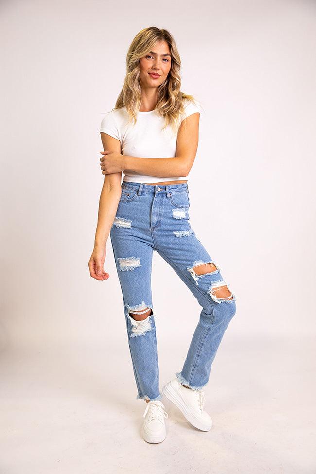 Megan Light Wash Distressed Straight Leg Mom Jeans