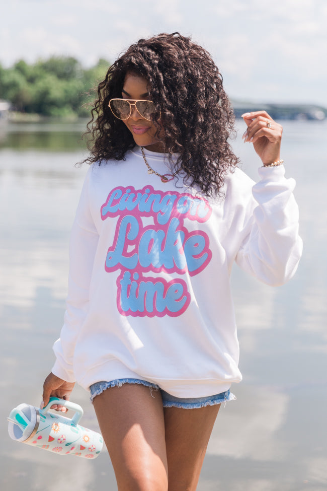 Living On Lake Time White Oversized Graphic Sweatshirt – Pink Lily