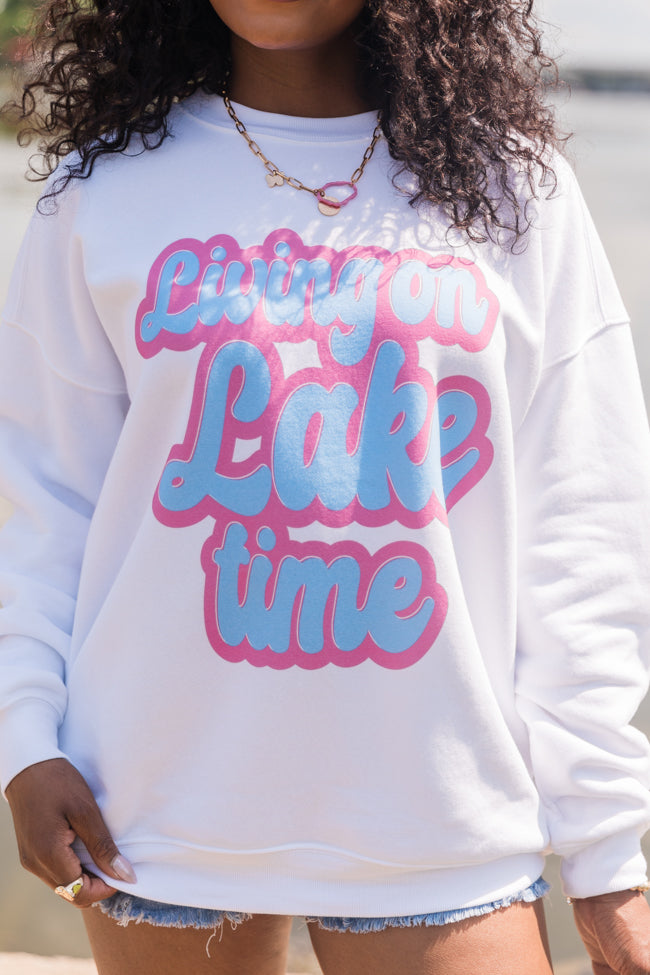 Living On Lake Time White Oversized Graphic Sweatshirt