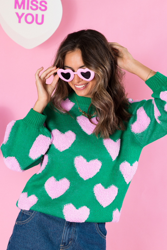 I'll Be There Green Fuzzy Heart Sweater SALE