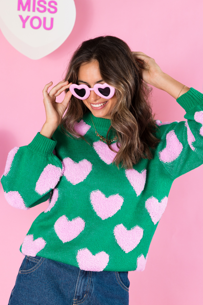 I'll Be There Green Fuzzy Heart Sweater