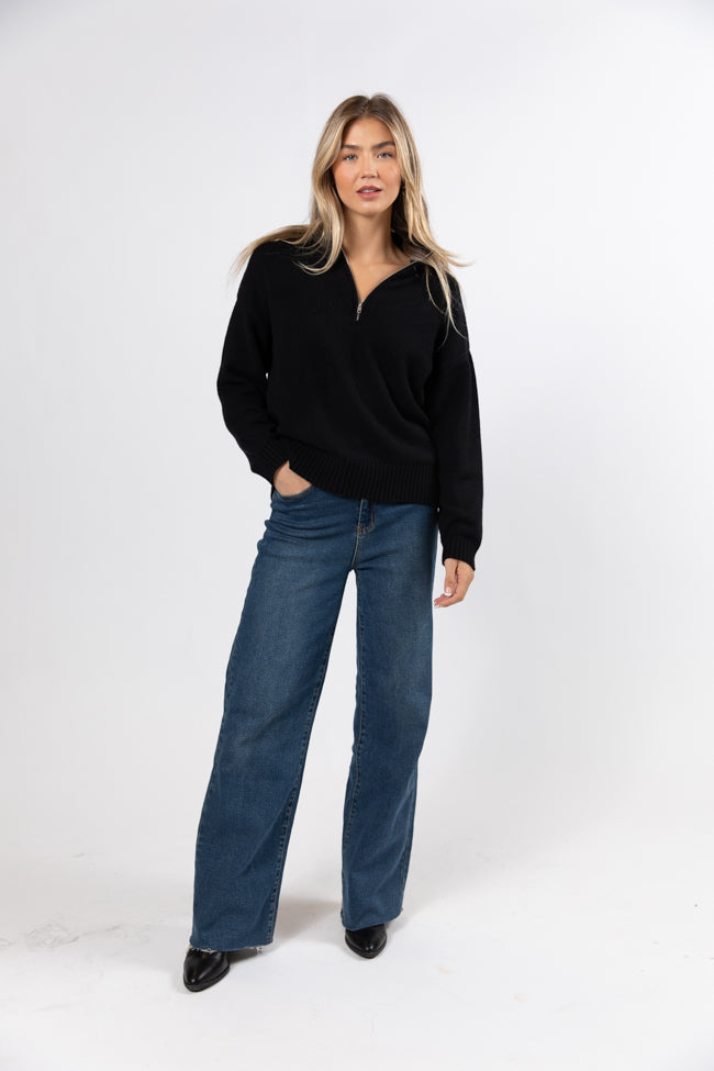 Roll With It Black Solid Quarter Zip Sweater DOORBUSTER