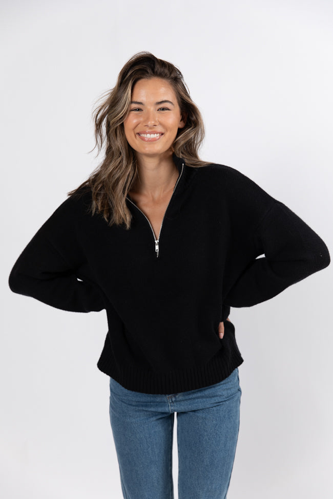 Roll With It Black Solid Quarter Zip Sweater DOORBUSTER