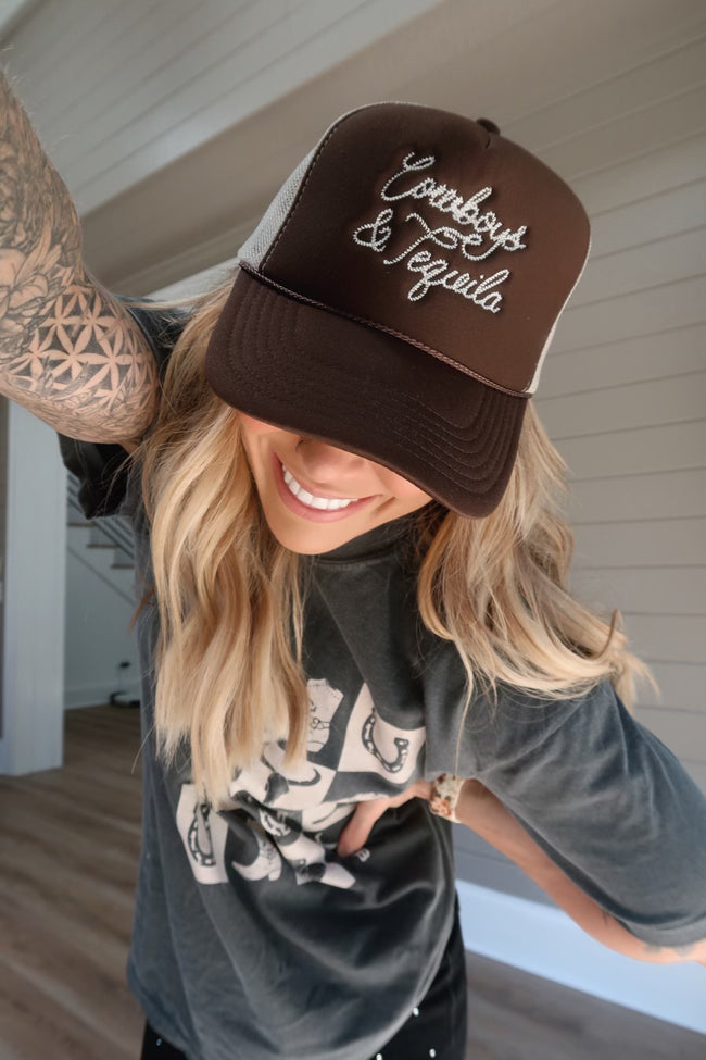 Cowboys and Tequila Brown and Khaki Trucker Hat Holley Gabrielle X Pink Lily