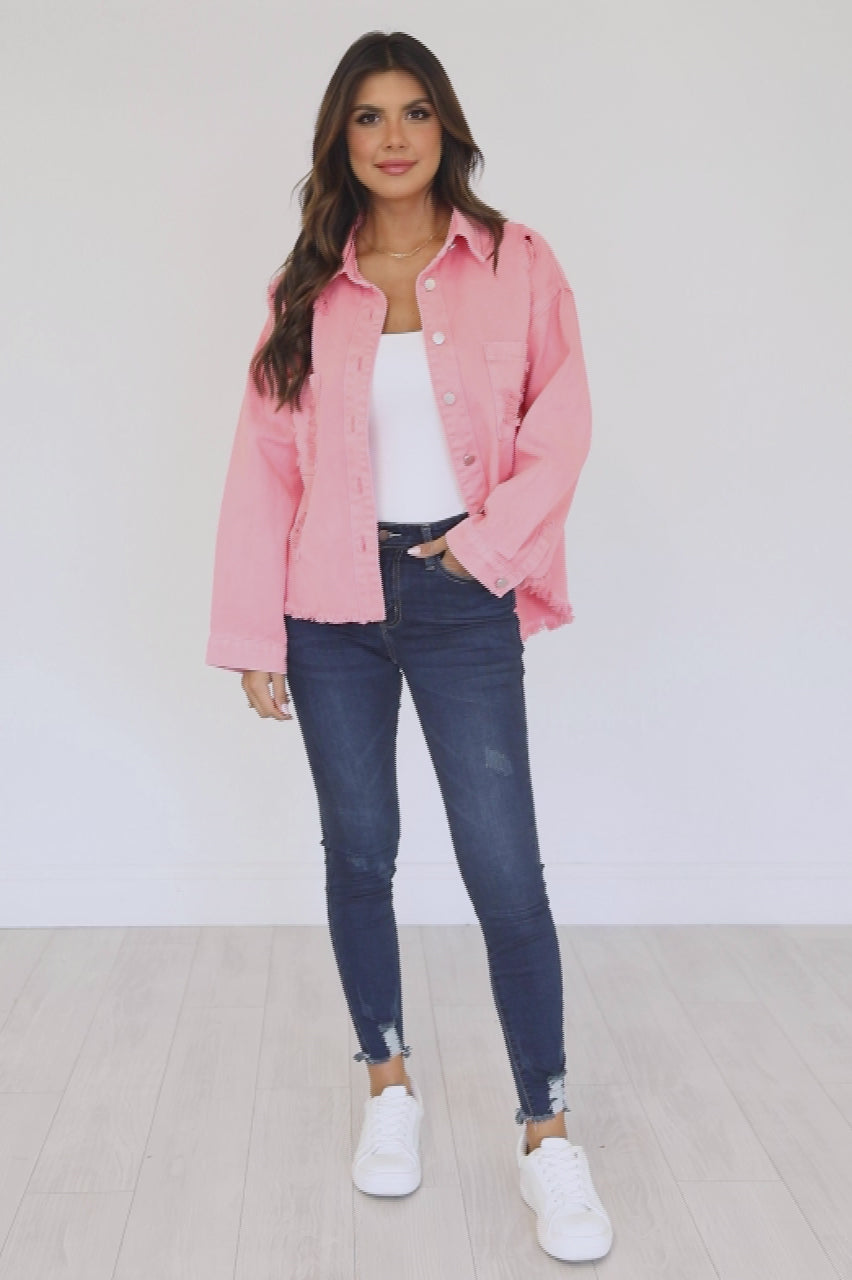 Some of That Bubblegum Pink Distressed Denim Jacket, L - Concert Outfit - Women's - Pink Lily Boutique