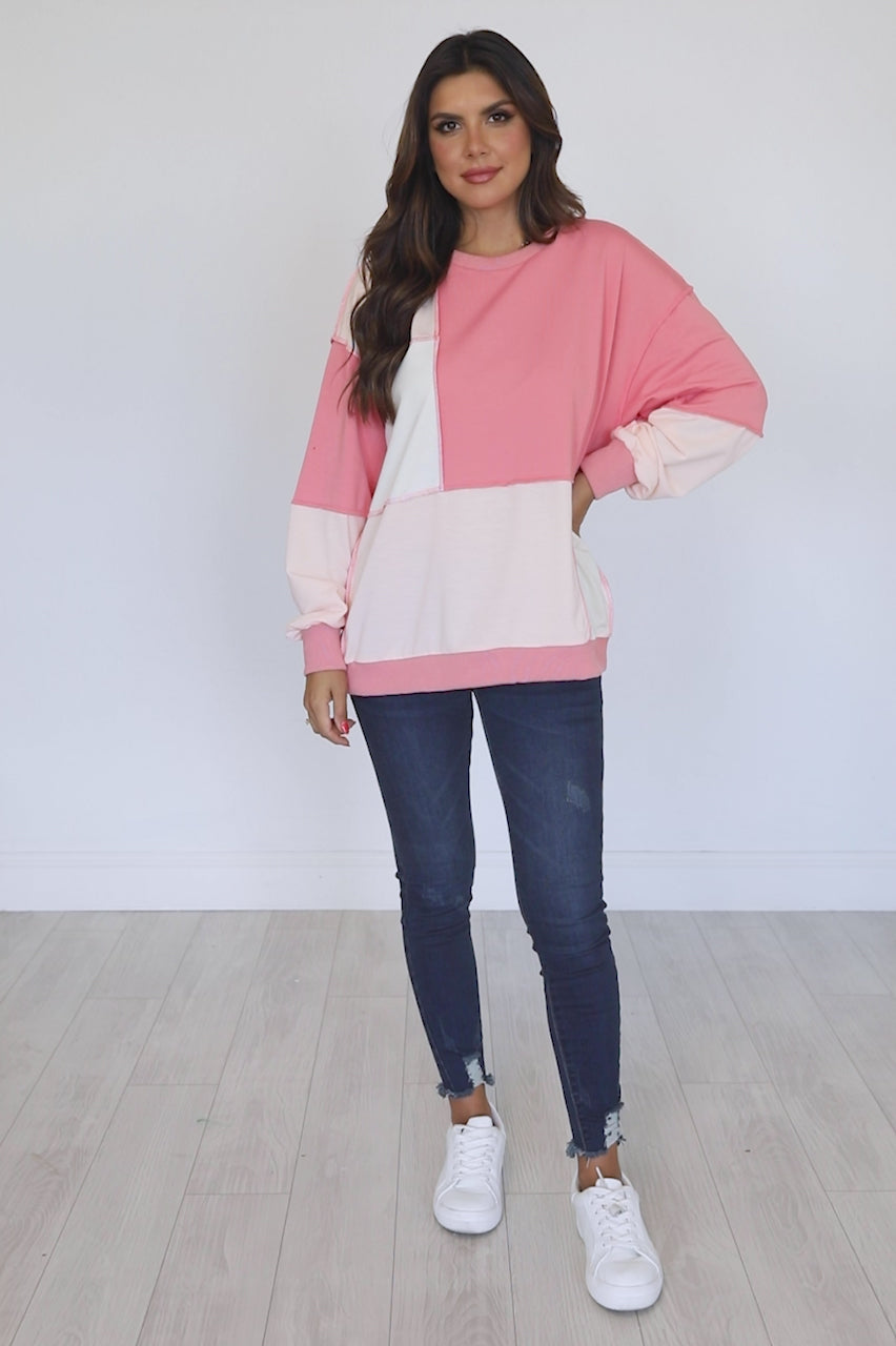 Love You Better Coral Colorblock Patchwork Pullover FINAL SALE