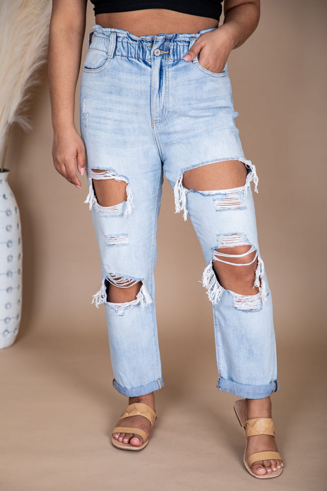 Kristen Paperbag Waist Light Wash Distressed Mom Jeans FINAL SALE