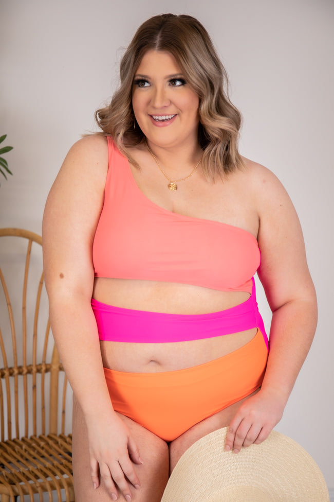 Radiant Sunburst Cutout One Shoulder Colorblock Pink Swimsuit FINAL SALE