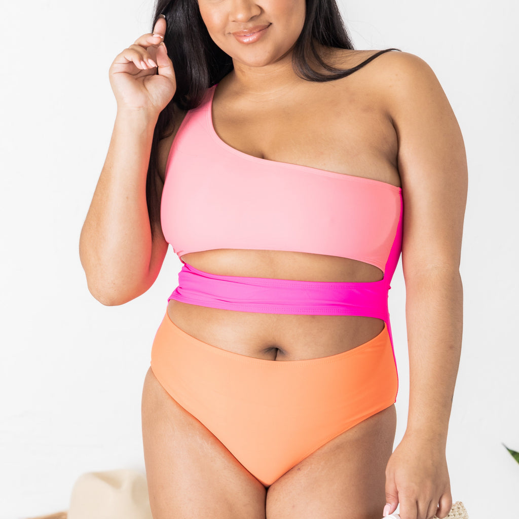 Radiant Sunburst Cutout One Shoulder Colorblock Pink Swimsuit FINAL SA –  Pink Lily