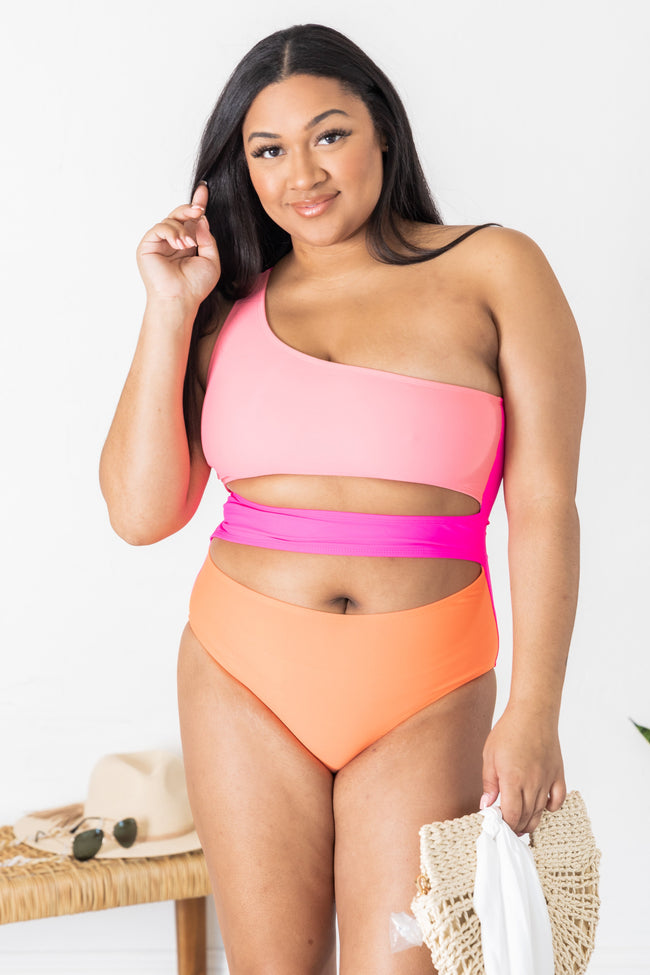 Radiant Sunburst Cutout One Shoulder Colorblock Pink Swimsuit FINAL SALE