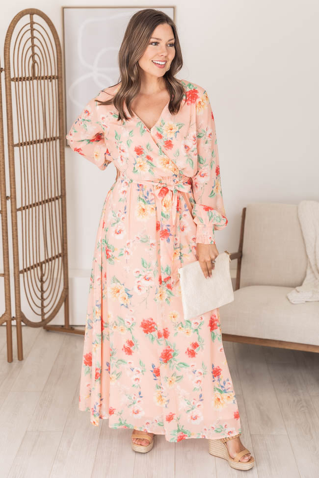 Cocktails at Sunset Floral Maxi Peach Dress, Women's Extra Small - Light Pink - Pink Lily Boutique