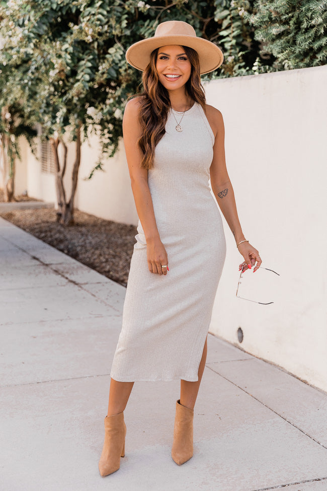 Adored By You Oatmeal Ribbed Midi Tank Dress