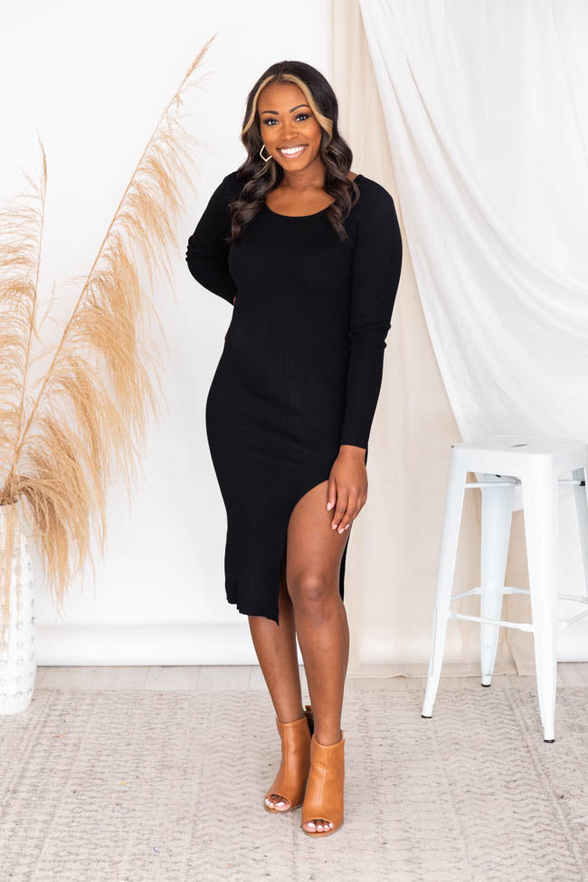 Hear The Applause Black Ribbed Scoop Neck Midi Dress FINAL SALE