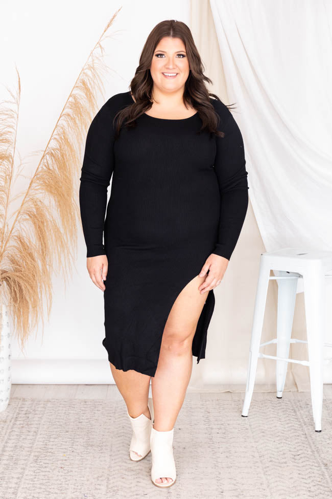 Hear The Applause Black Ribbed Scoop Neck Midi Dress FINAL SALE