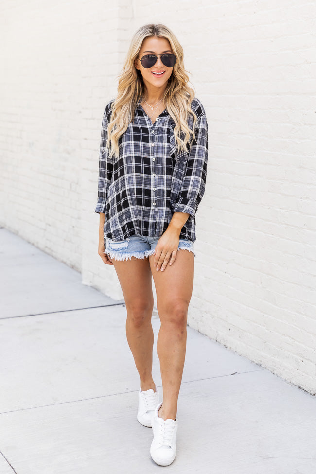 Never Give Up Black Lightweight Plaid Button Up Blouse
