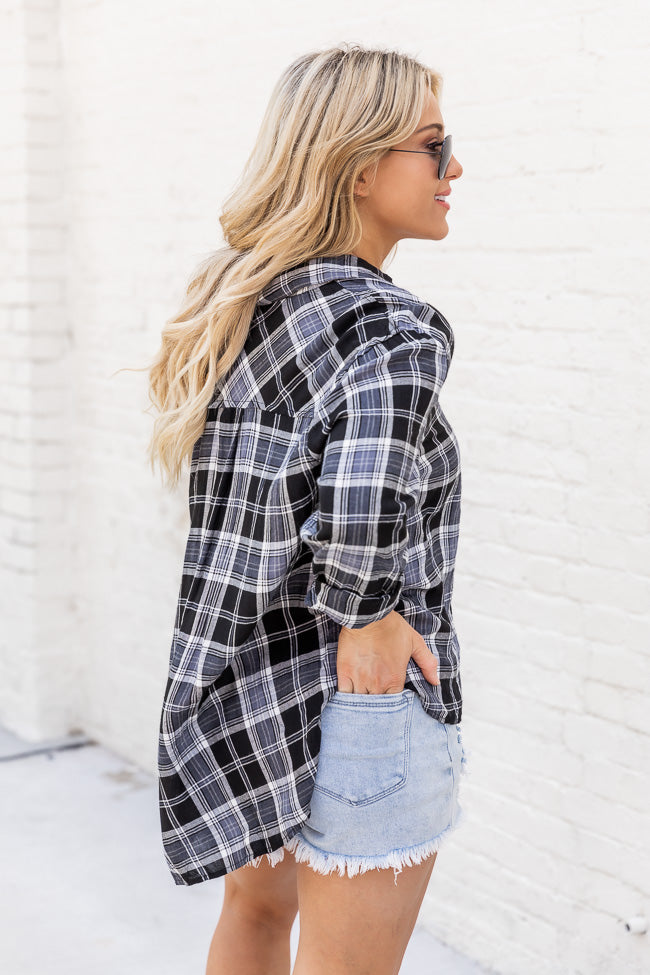 Never Give Up Black Lightweight Plaid Button Up Blouse FINAL SALE