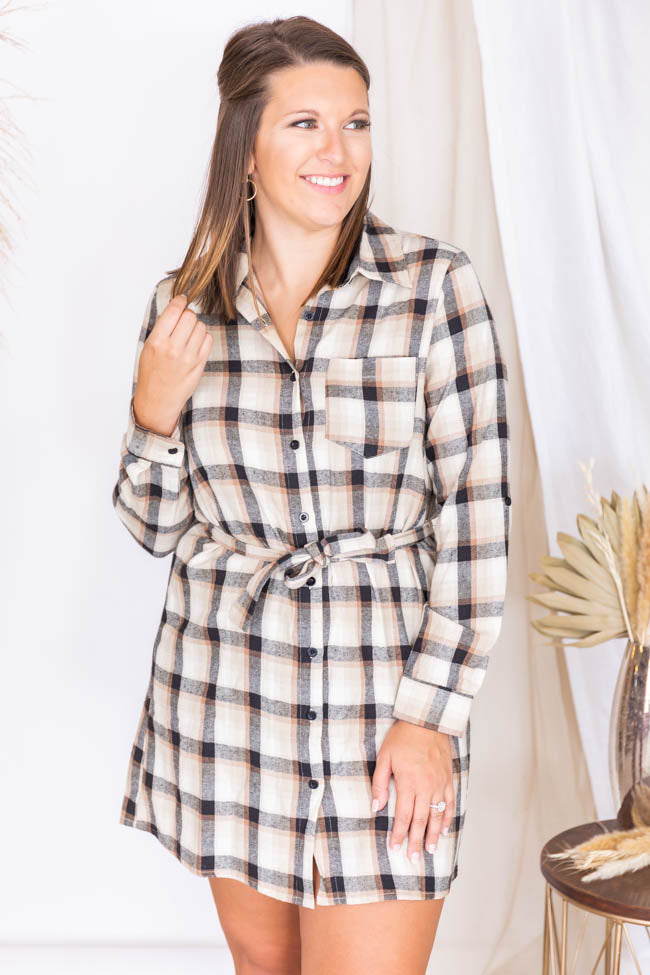 Out Of My Control Plaid Tie Waist Tan Dress