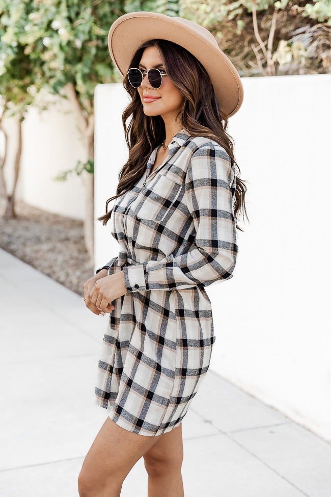 Out Of My Control Plaid Tie Waist Tan Dress
