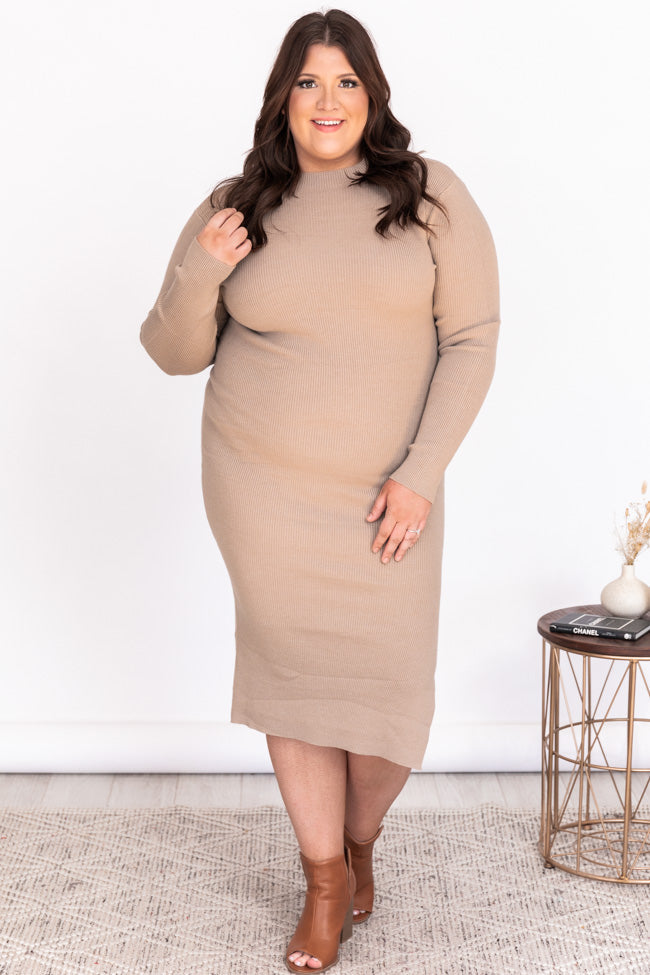 Any Other Night Taupe Mock Neck Ribbed Midi Dress FINAL SALE