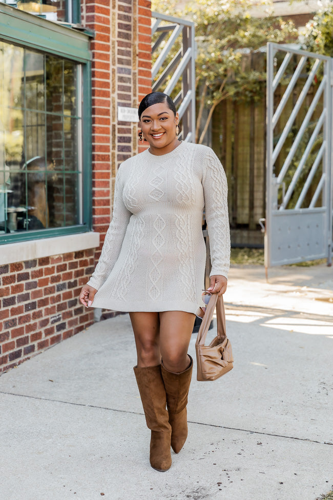 Living for Friday Beige Cable Knit Sweater Dress