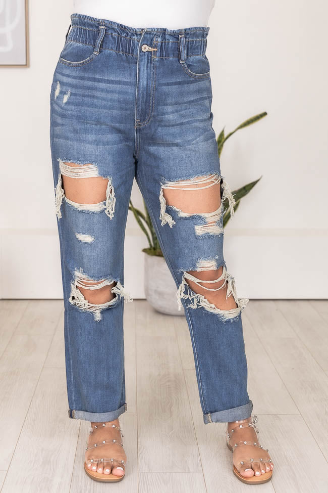 Kristen Medium Wash Paperbag Waist Distressed Mom Jeans FINAL SALE